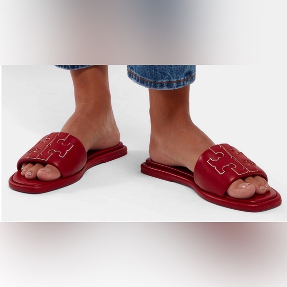 Tory Burch Red Gold Double T Logo Slide Sandals Size 6.5 - Picture 2 of 16